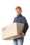 Relocation services concept. Loader in uniform holding cardboard box for moving. Move service. Portrait of mover with moving box