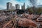 Remains of demolished old industrial building. Pile of stones, bricks and debris