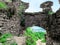 The remains of the gates of the ancient Khust fortress. The passage between the ruins of medieval stone walls covered with plants