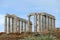 The remains of a Greek temple dedicated to Poseidon, on the promontory of Cape Sunio ,located on the southern tip of Attica,