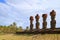 Remains of Huge Moai Statues of Ahu Nau Nau Ceremonial Platform on the Anakena Beach, Easter Island of Chile