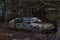 Remains of an old car in the backyard full of trees with bare branches behind the metal fence