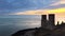 Remains of Reculver church towers at early October sunrise  early october