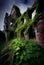 Remains of a ruined castle overgrown with plants. AI Generated