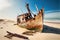 remains of ship run aground on deserted beach, with broken mast and broken hull