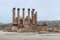 Remains of the Temple of Artemis in ruins of the great Roman city of Jerash - Gerasa, destroyed by an earthquake in 749 AD, locate