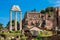 Remains of the Temple of Castor and Pollux and the Basilica Julia at the Roman Forum in Rome