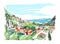 Remarkable Georgian landscape sketch. Colorful hand drawn outline vector illustration.