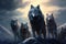 A remarkable sight, a group of wolves confidently stands together on the pinnacle of a stunning mountain, A pack of wolves in the