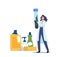 Remediation Specialist Character in Uniform Inspect Walls Collect Black Mold into Test Tube. Tiny Woman with Huge Beaker