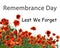 Remembrance day card. Red poppy flowers and text Lest We Forget on white background