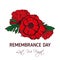 Remembrance poppy and lest we forget concept banner. Vector illustration with hand-drawn red poppy to Anzac day and May 8th