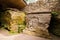 Remnants of ancient pagan cave temple with figures of tree, woman and deer carved in stone, symbols of life, maternity and clan