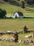 Remote American barn surrounded by grassland