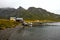 Remote boat house at the beach in Vinstad on Lofoten Islands in Norway.