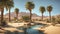 A remote desert oasis with palm trees and a shimmering pool of