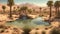 A remote desert oasis with palm trees and a shimmering pool of