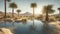 A remote desert oasis with palm trees and a shimmering pool of