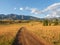 Remote dirt trail through the mountains. Bright summer atmospheric minimalist Alpine landscape with a dirt path among the grasses