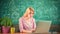 Remote education. Student adorable blonde girl classroom chalkboard background. STEM concept. Formal education