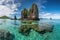 remote island with crystal-clear water and towering rock formations