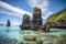 remote island with crystal-clear water and towering rock formations
