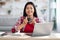 Remote Job. Smiling Asian Freelancer Woman Posing At Desk In Home Office