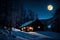 A remote, mountain cabin perched on a hill, silhouetted against the radiant light of a full moon, creating a picturesque nighttime