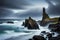 A remote, rocky coastline with towering sea stacks and crashing waves under a stormy sky