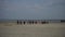 Remote wide shot of crowd of unrecognizable tourists walking on sand of low tide to reach Mont Saint Michel island on