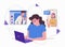 Remote work at home online. Freelance Freelancer girl with a laptop. Communication with colleagues, assignments. Flat illustration