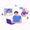 Remote work at home online. Freelance Freelancer man with a laptop. Communication with colleagues, assignments. Flat illustration