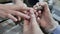 Removing old cover. Woman`s hands at manicure procedures