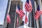 The Renaissance Center RenCen skyscrapers surrounded by American Flags in Downtown Detroit, Michigan, USA