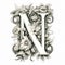 Renaissance Letter N Clipart: Intricate Floral Design In Monochromatic Realism