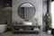 render bathroom sink interior room home mirror concrete design luxury gray. Generative AI.