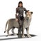 Render of a beautiful woman in armor and a lioness