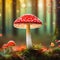 render of fly agaric mushroom in a forest with bokeh abstract background with bokeh lights and