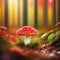 render of fly agaric mushroom in a forest with bokeh abstract background with bokeh lights and