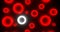 Render of group glowing red torus and one white. On black background