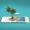 render of tropical island resort with blue sea ocean water, sand beach and palm trees on smartphone screen Travel, tourism holiday