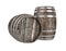 Render of two old dark wood barrel. White background. Shadows. Clipping path