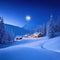 rendered winter snow scene cold and serene new for winter Village in the North Pole with a full moon over it at Beautiful