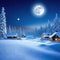 rendered winter snow scene cold and serene new for winter Village in the North Pole with a full moon over it at Beautiful