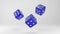 Rendering 3d of three rolling blue dice. illustration isolated on white background