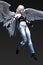 Rendering of a beautiful female angel with white wings wearing jeans