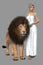 Rendering of a beautiful woman wearing goddess style clothing standing next to an adult lion