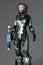 Rendering of a futuristic woman space warrior holding a cyber style weapon, cropped