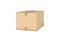 Rendering of light beige cardboard mail box taped with duct tape isolated on white background, three quarters view.