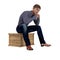 Rendering of a man sitting on a wooden crate or box